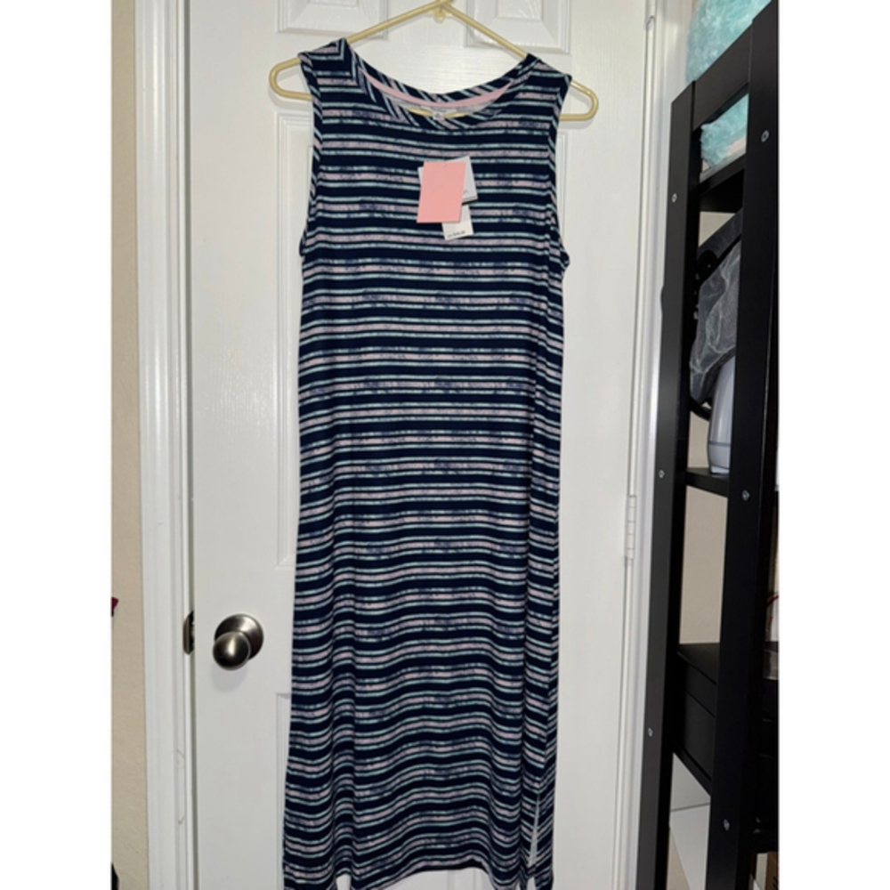 NWT Roudelain Navy Pink Striped Sleeveless Maxi Dress Medium - Picture 2 of 6